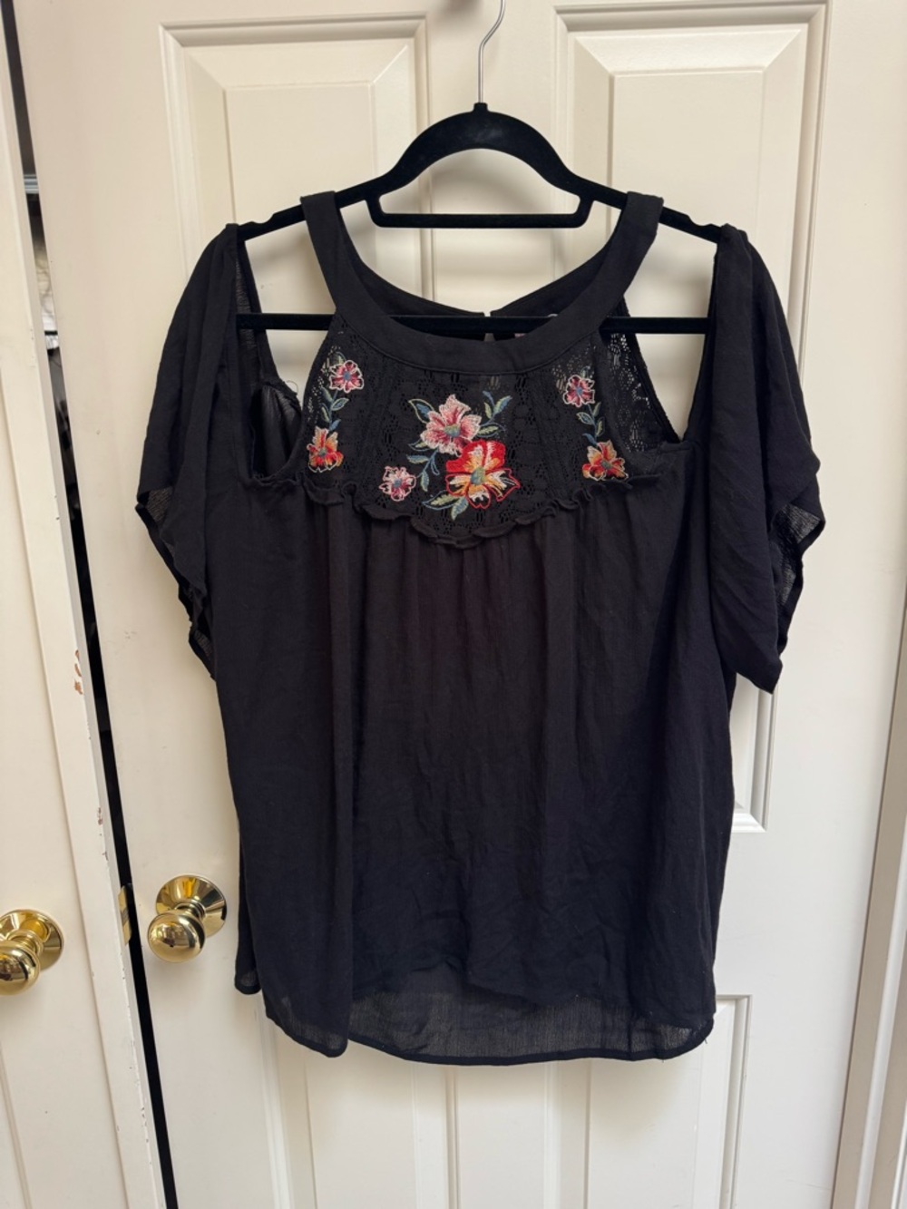 Flying Tomato Black Cold-Shoulder Floral Embroidered Blouse